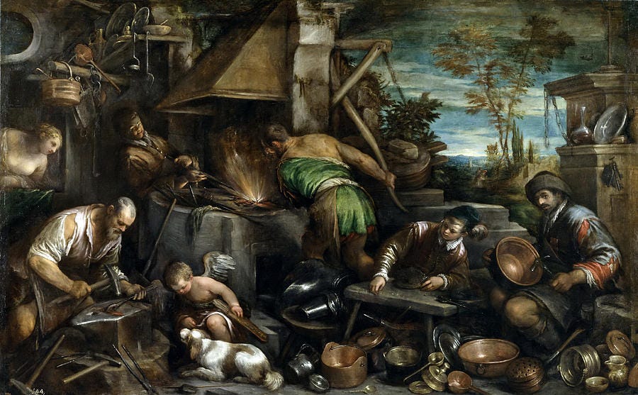 Vulcan (aka Hephaestus) at the Forge by Jacopo Bassano. While Achilles's shield is important in the Iliad, Hephaestus is not the hero. Achilles is.